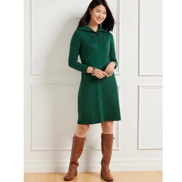 Talbots Supersoft Johnny Collar Sweater Dress Forest Green Petite Large Holiday - Picture 1 of 14